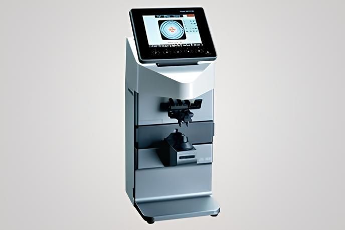 Lensmeter zur Brillenvermessung auf grauen Hintergrund.